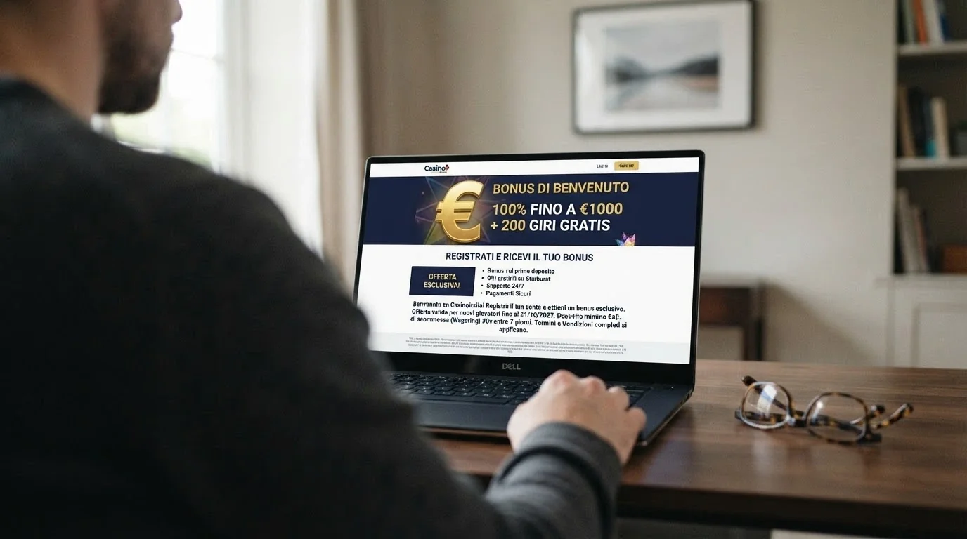 Primo piano di un bonus di benvenuto casinò visualizzato su schermo, con l'importo in evidenza e le condizioni in piccolo sotto