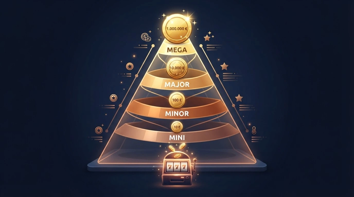 Schermata di una slot con i quattro livelli di jackpot (Mini, Minor, Major, Mega) visualizzati sopra i rulli, con il contatore Mega oltre il milione di euro